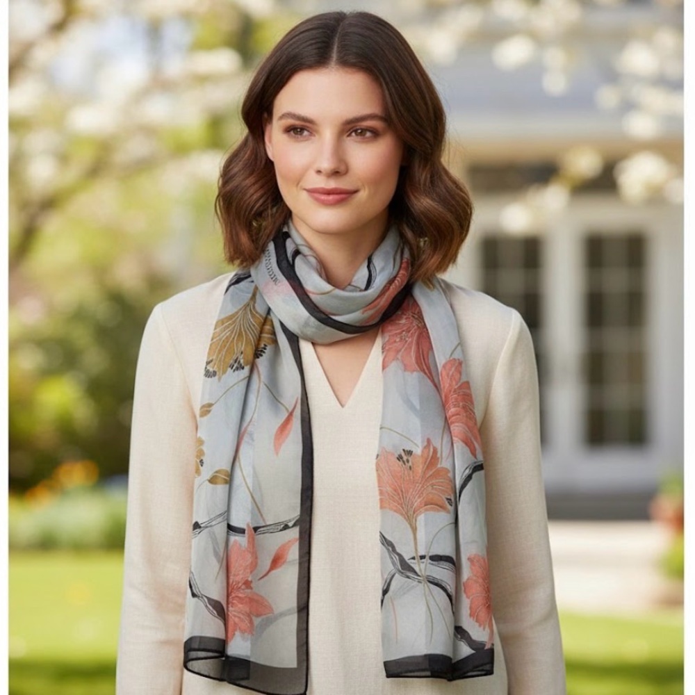 100% Silk Floral Scarf Quiet Luxury Old Money Classic Timeless Chic